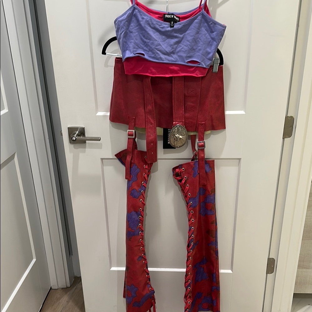 Dolls Kill Red & Purple Lace-Up Bondage Pants with Belted Skirt